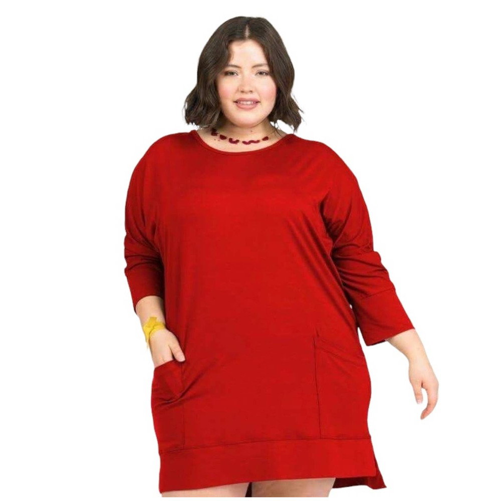 AGNES & DORA DEEP POCKET TUNIC COLOR RED SIZE M 3/4 SLEEVES TWO FRONT POCKETS